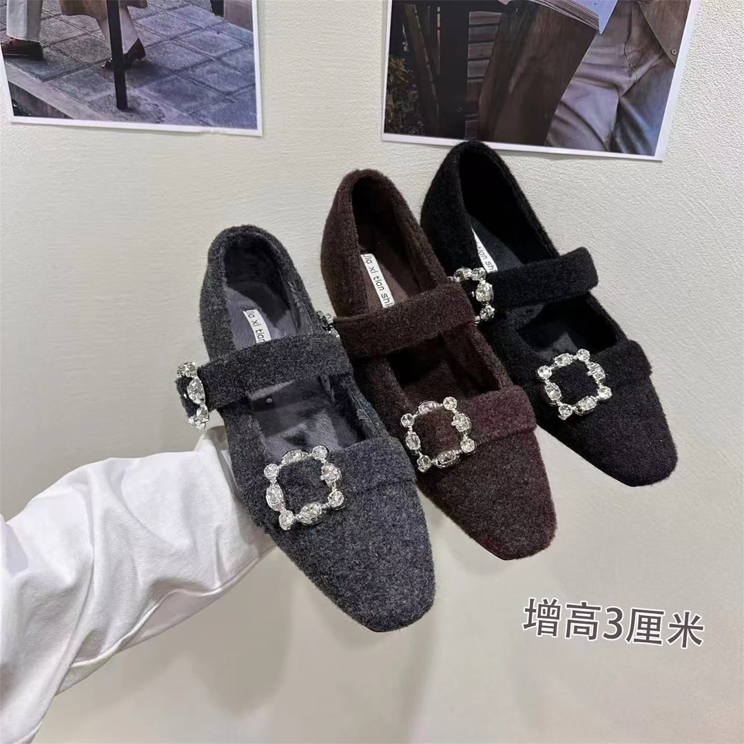 法式小香风水钻内增高加绒玛丽珍鞋女秋冬厚底毛毛鞋豆豆鞋棉单鞋