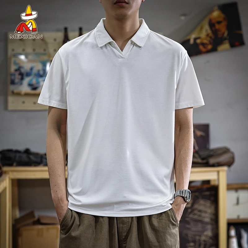 Mexican/稻草人夏季凉感男款宽松POLO衫美式复古宽松休闲半袖衫