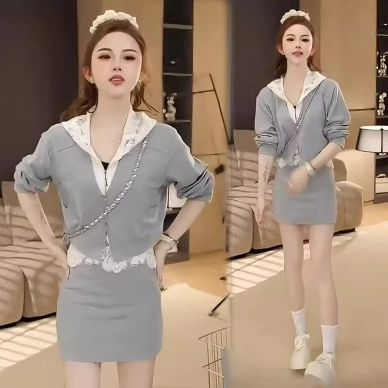 时尚连衣裙女2025春季新款蕾丝拼接连帽外套高腰半身裙两件套236