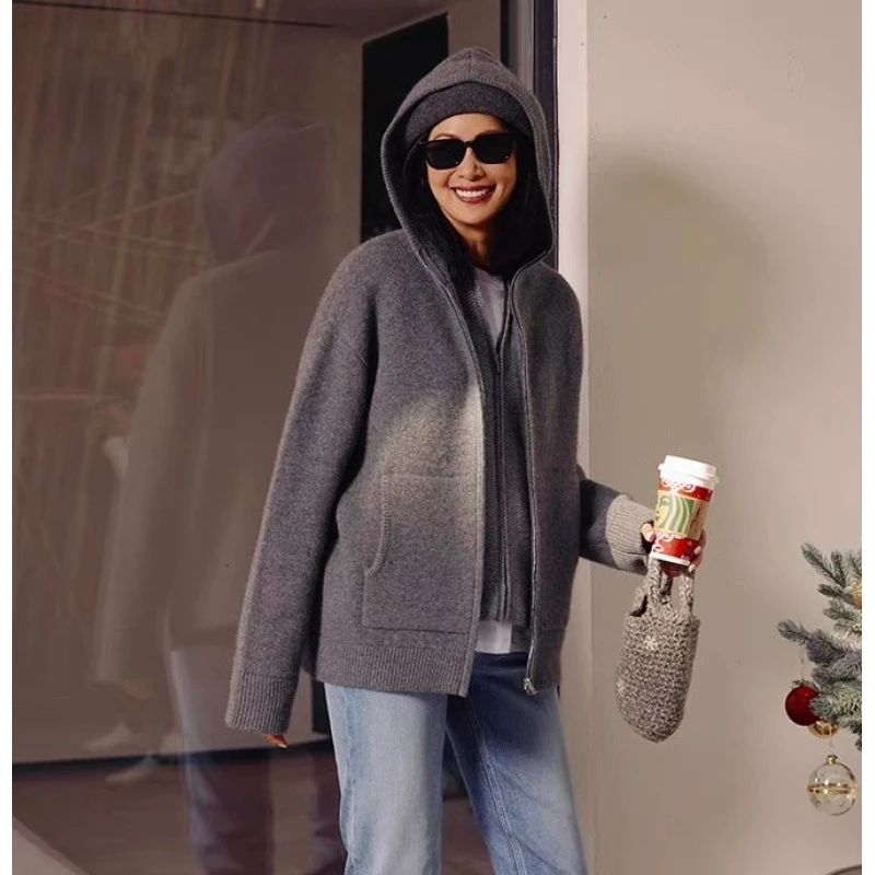 冬日奥斯陆系列100%山羊绒大克重针织连帽拉链羊绒衫外套YMHS42-8