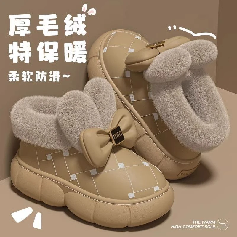 防水包跟棉拖鞋女冬季2024新款加绒保暖防滑厚底雪小个增高长筒靴