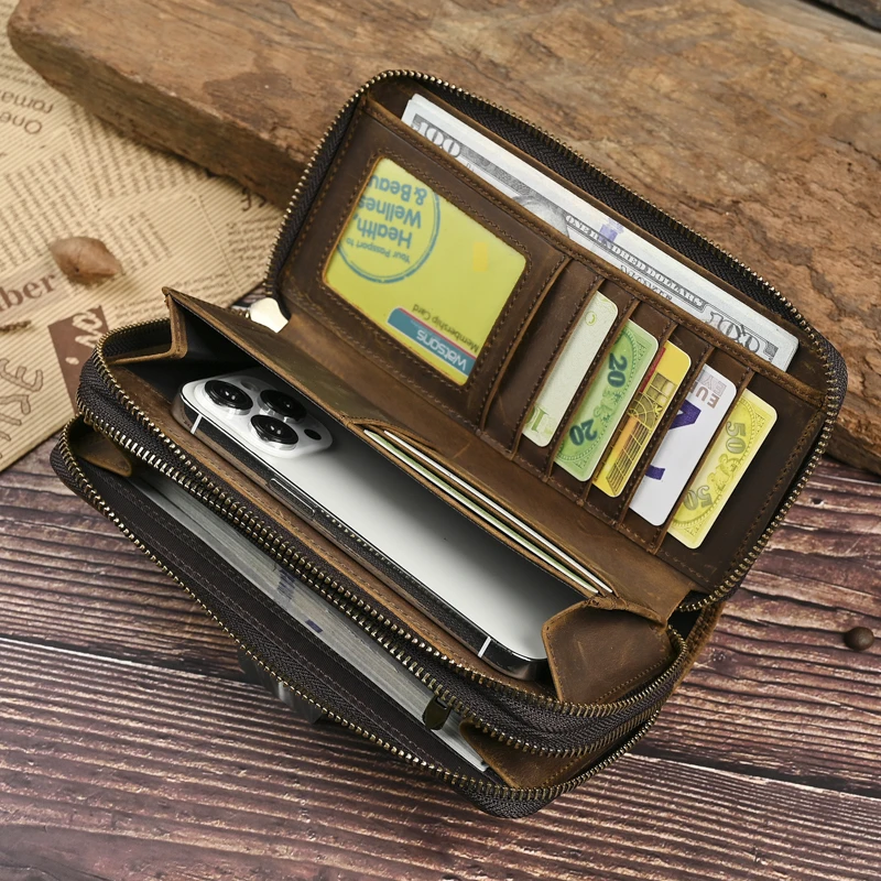 休闲复古头层牛皮男士钱包疯马简约风男士多功能手拿包拉链包