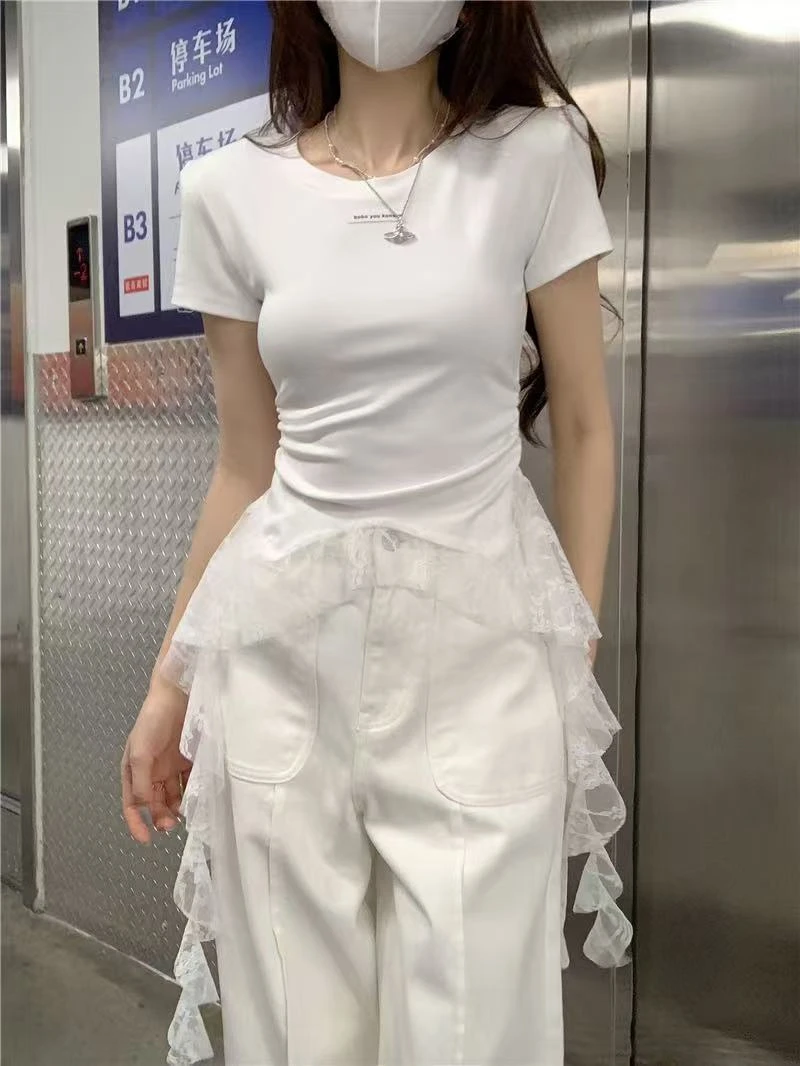 蕾丝拼接不规则辣妹风纯色圆领短袖T恤女修身百搭小众上衣t恤