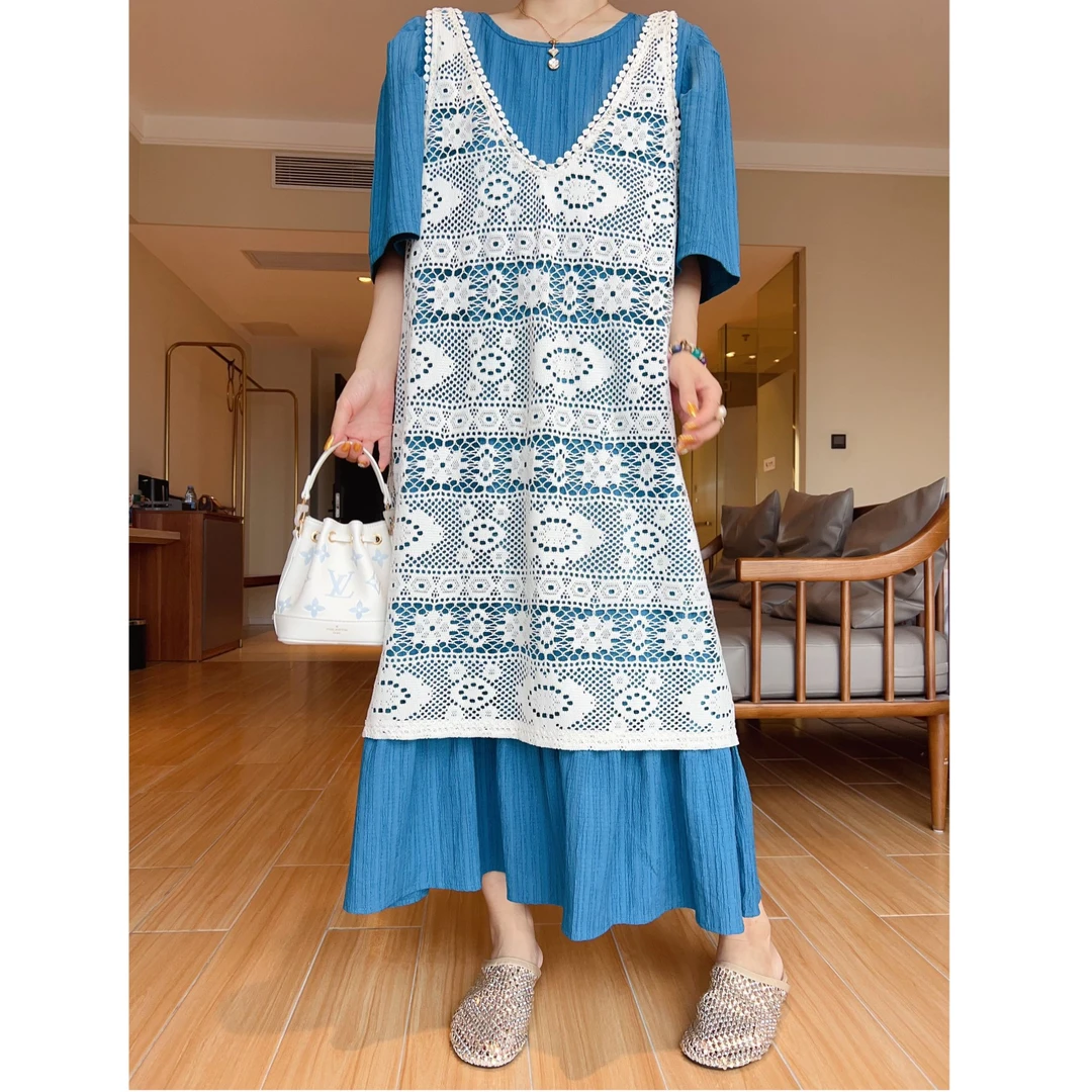 叠穿蕾丝背心裙短袖褶皱连衣裙两件套2025年夏季新款时尚勾花宽松