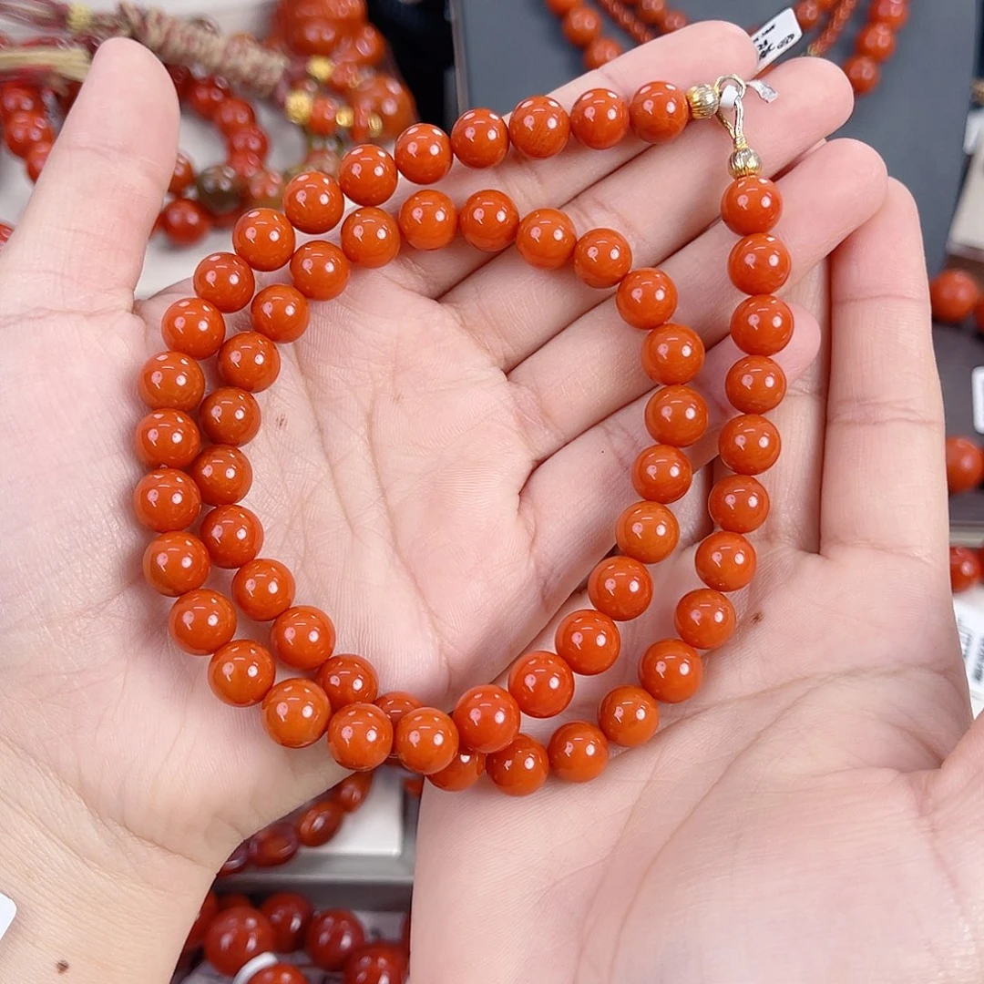 Y***-南红玛瑙银S925镶嵌瓦西高货柿子红满肉女神链8mm