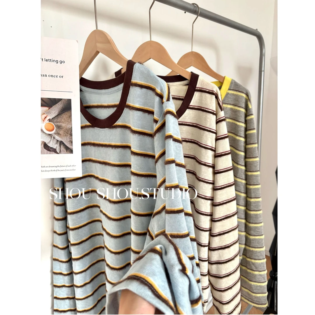 【瘦瘦】大码撞色小米貂条纹显瘦正肩百搭宽松休闲长袖S02007