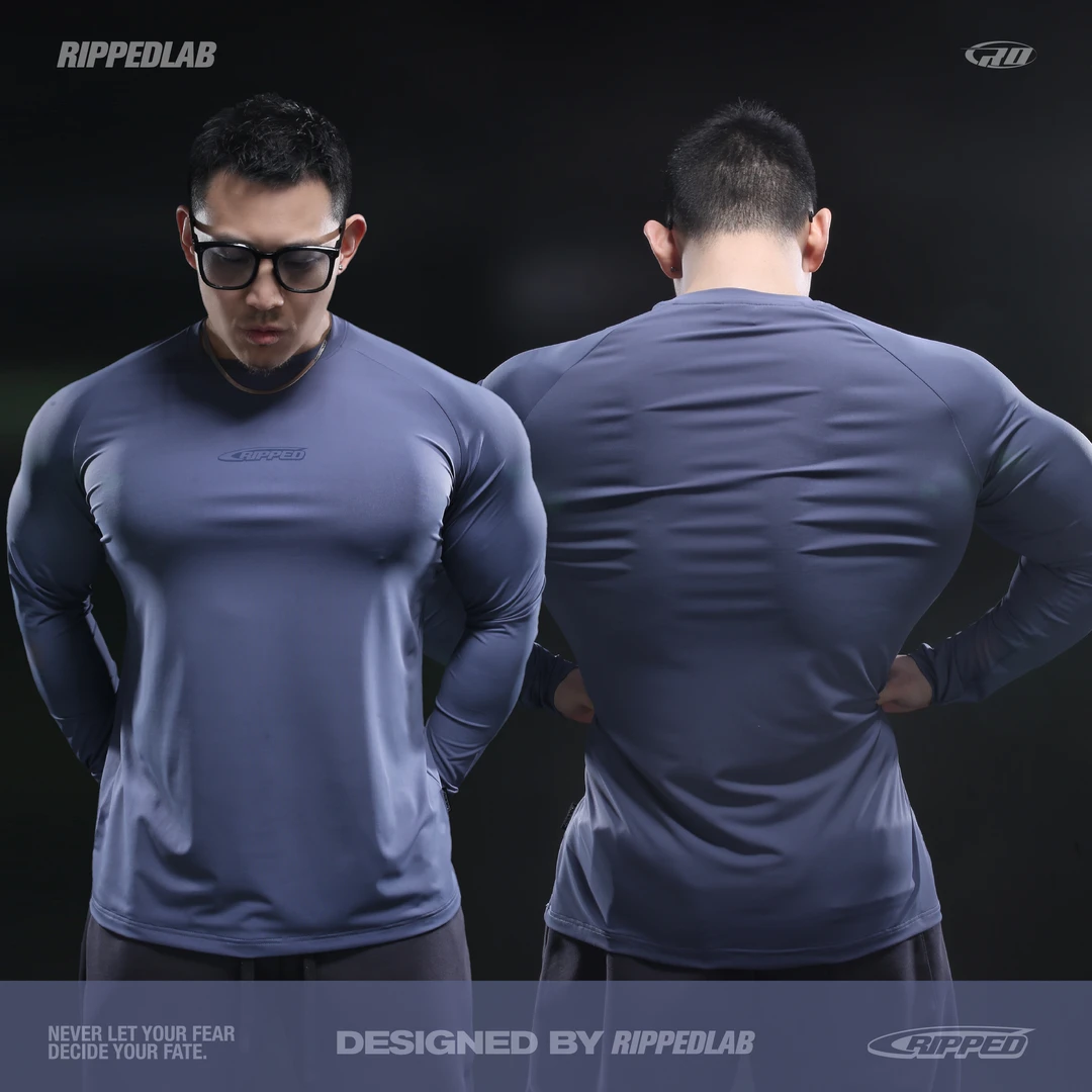 撕裂组织春季新款运动插肩弹力健身衣长袖高弹显大速干紧身衣修身