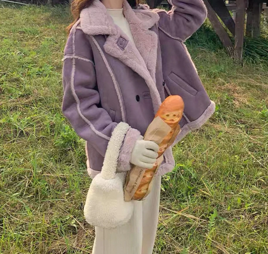 车车女装 紫色超好看皮毛一体外套新款女冬季高级感流行