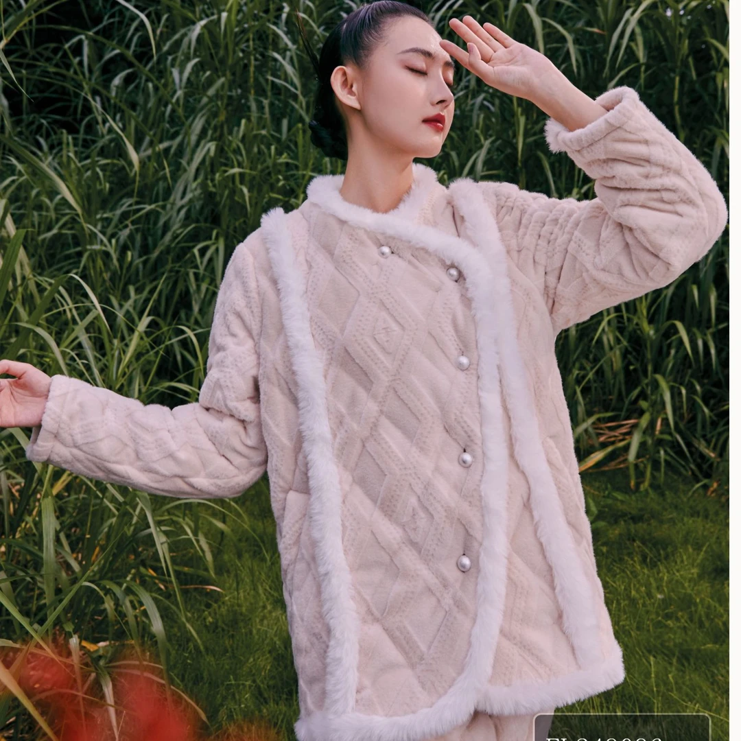 艾黎克斯设计师新年款轻奢三层夹棉加厚轻奢可外穿家居服套装冬款
