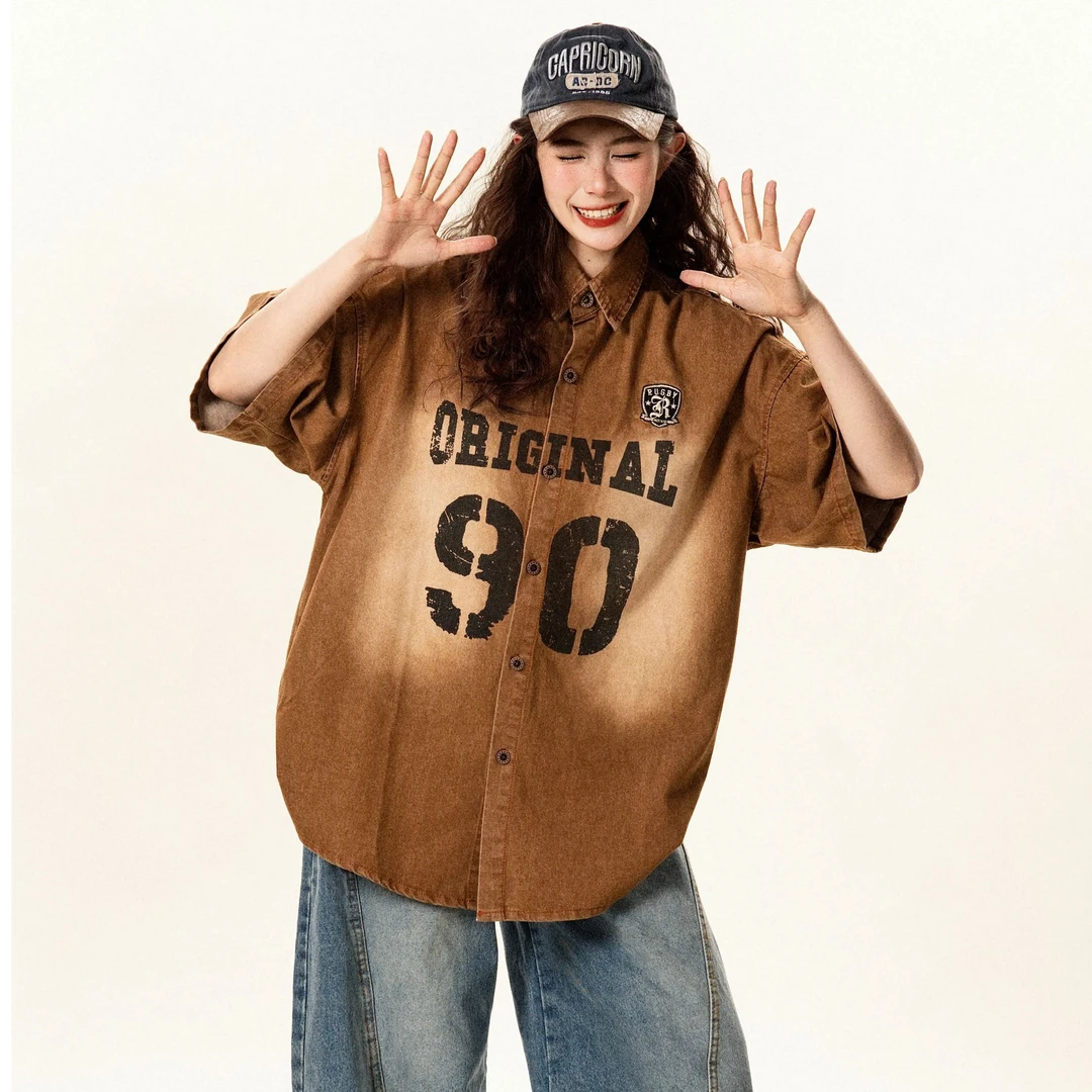 美式复古水洗牛仔短袖衬衫男女夏季vintage设计宽松休闲翻领衬衣