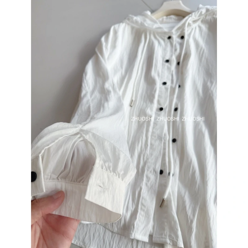 #85091夏季极简慵懒风双排扣连帽防晒  皱感透气宽松百搭衬衫外套