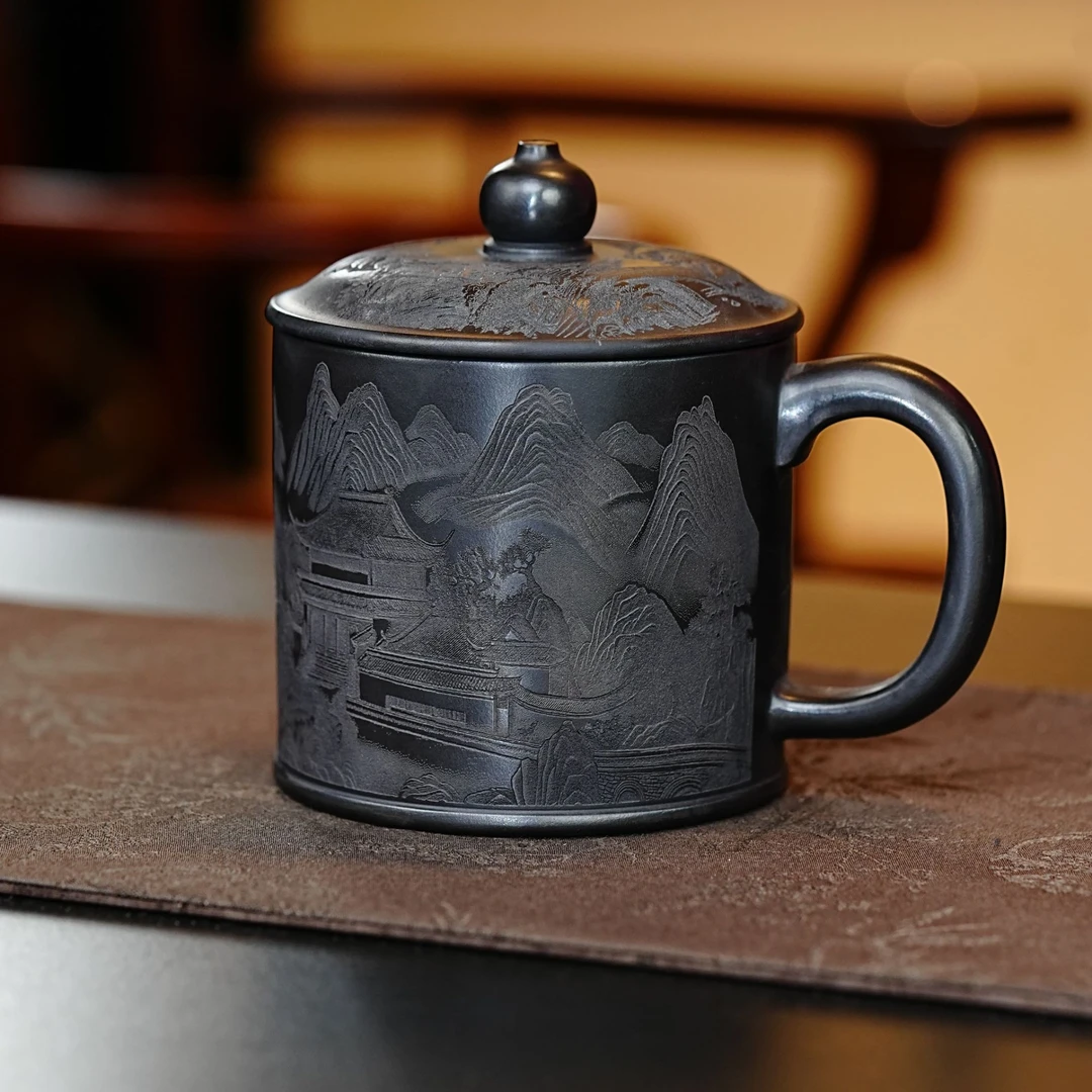 宜兴茶具石黄手工刻绘高端江山山水画高端大气紫砂盖杯