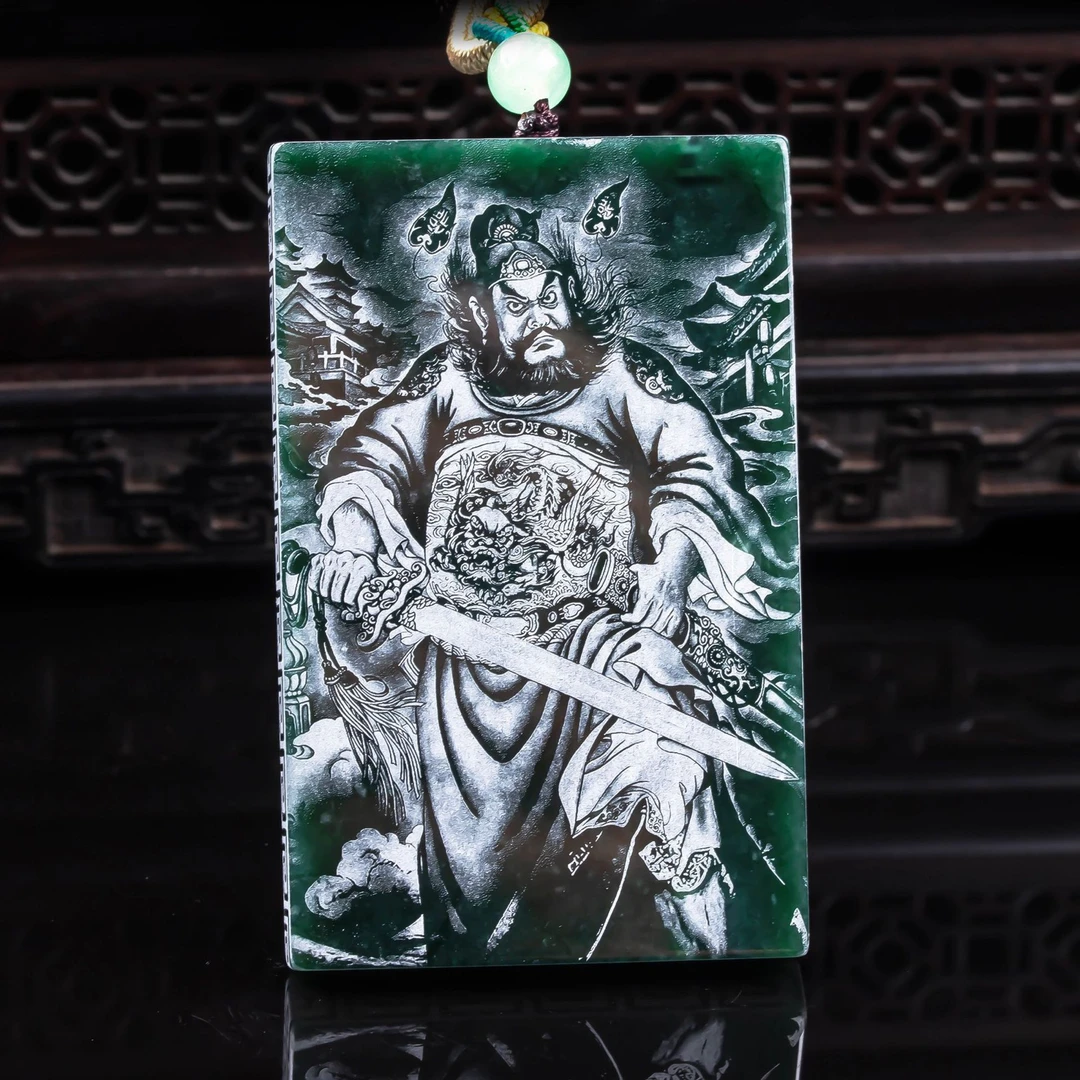 天然A货翡翠天师钟馗吊坠双面影雕冰种老玉石护身符挂件山水玉佩