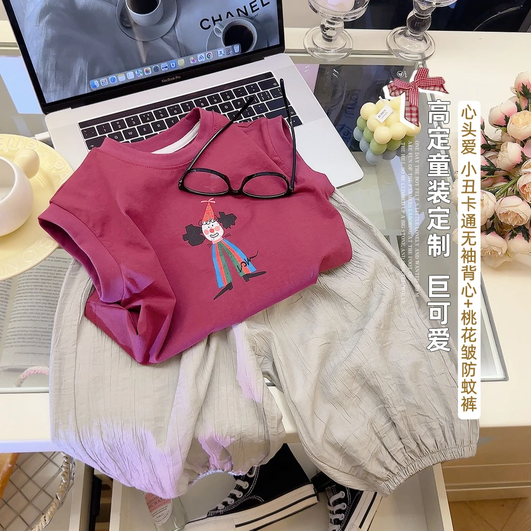 夏季儿童新款套装韩版卡通小丑冰感索罗娜无袖T恤+桃花皱防蚊裤