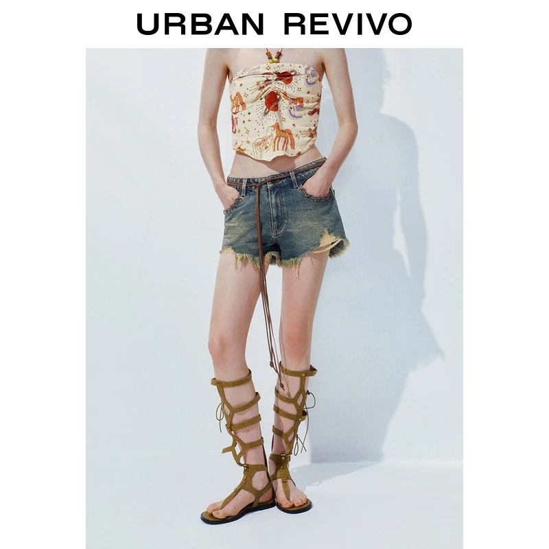 UR2025秋季新款女装复古废土风做旧洗水系带牛仔短裤UYL850124