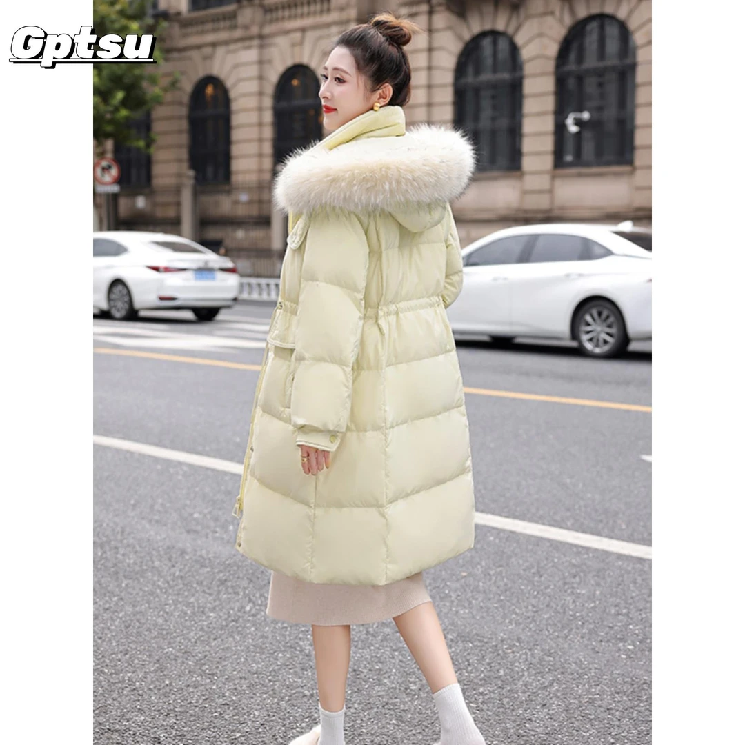 GPTSu2025新款羽绒服女冬中长款显瘦白鸭绒大毛领收腰时尚外套