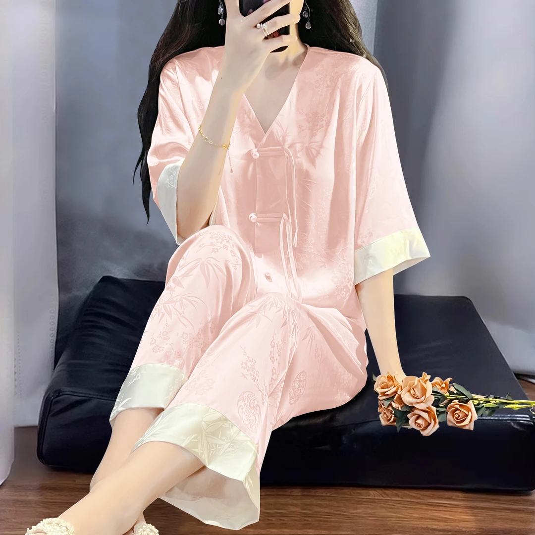 2025年新中式国风提花冰丝睡衣女士盘扣开衫长裤高级感薄款家居服