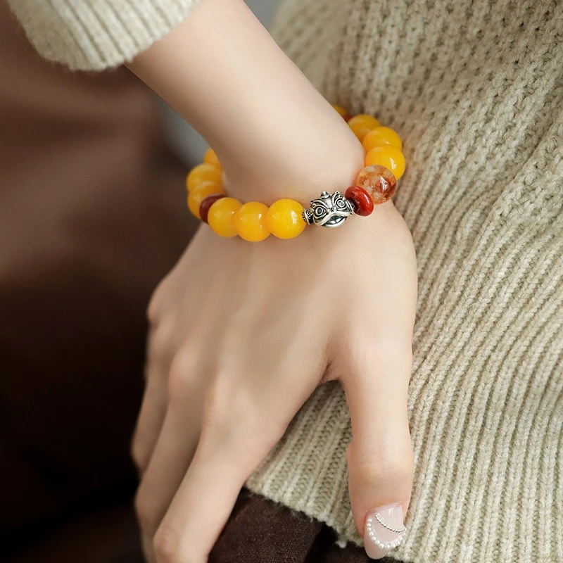 S12176 S925银黄红玛瑙黄水晶足银999醒狮弹力手串百搭新中式国风