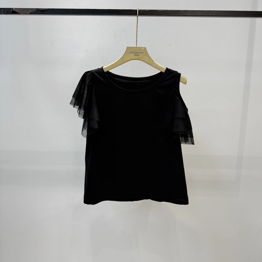 【麦丝】休闲百搭宽松显瘦圆领蕾丝拼接短袖T恤 FYFS-52119