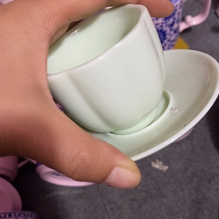 摆件陶绿稀土花口杯➕碟