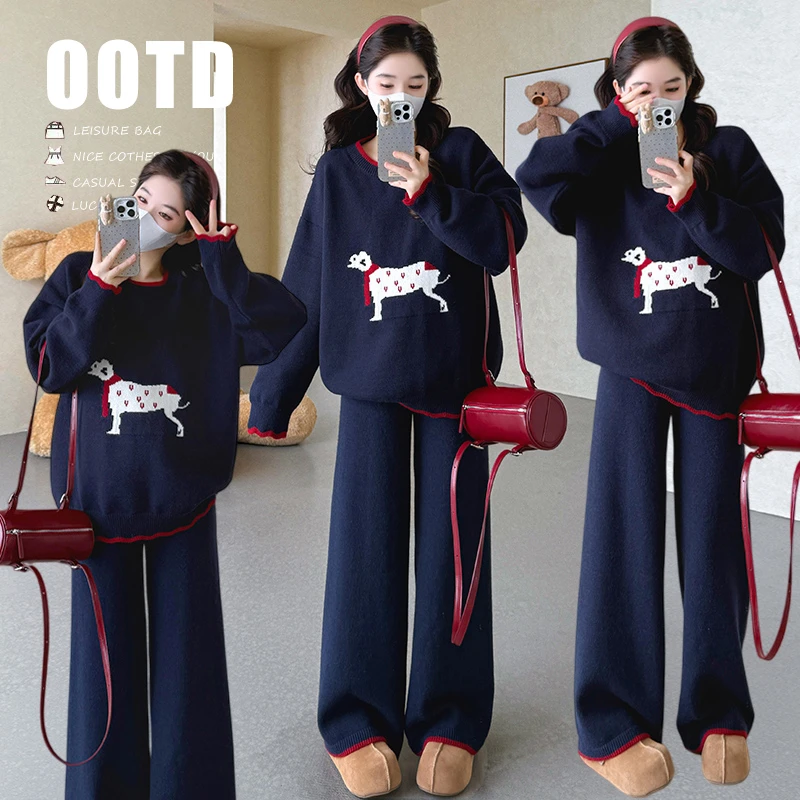 孕妇装秋冬装套装撞色韩版拼接懒人外出套装卡通毛衣阔腿裤两件套