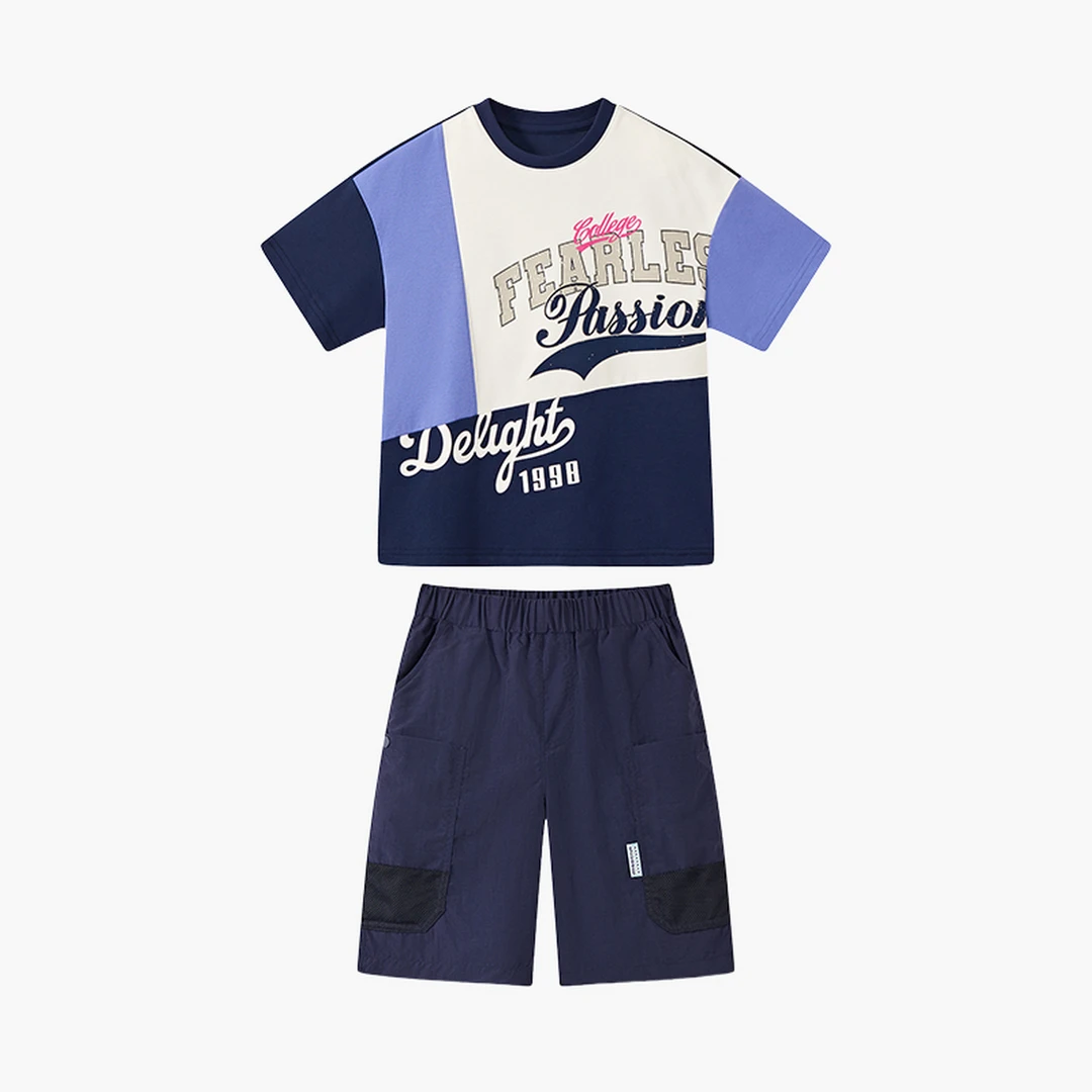 MQD童装25夏季新品学院风撞色拼接运动休闲亲肤短袖套装TCW0358F