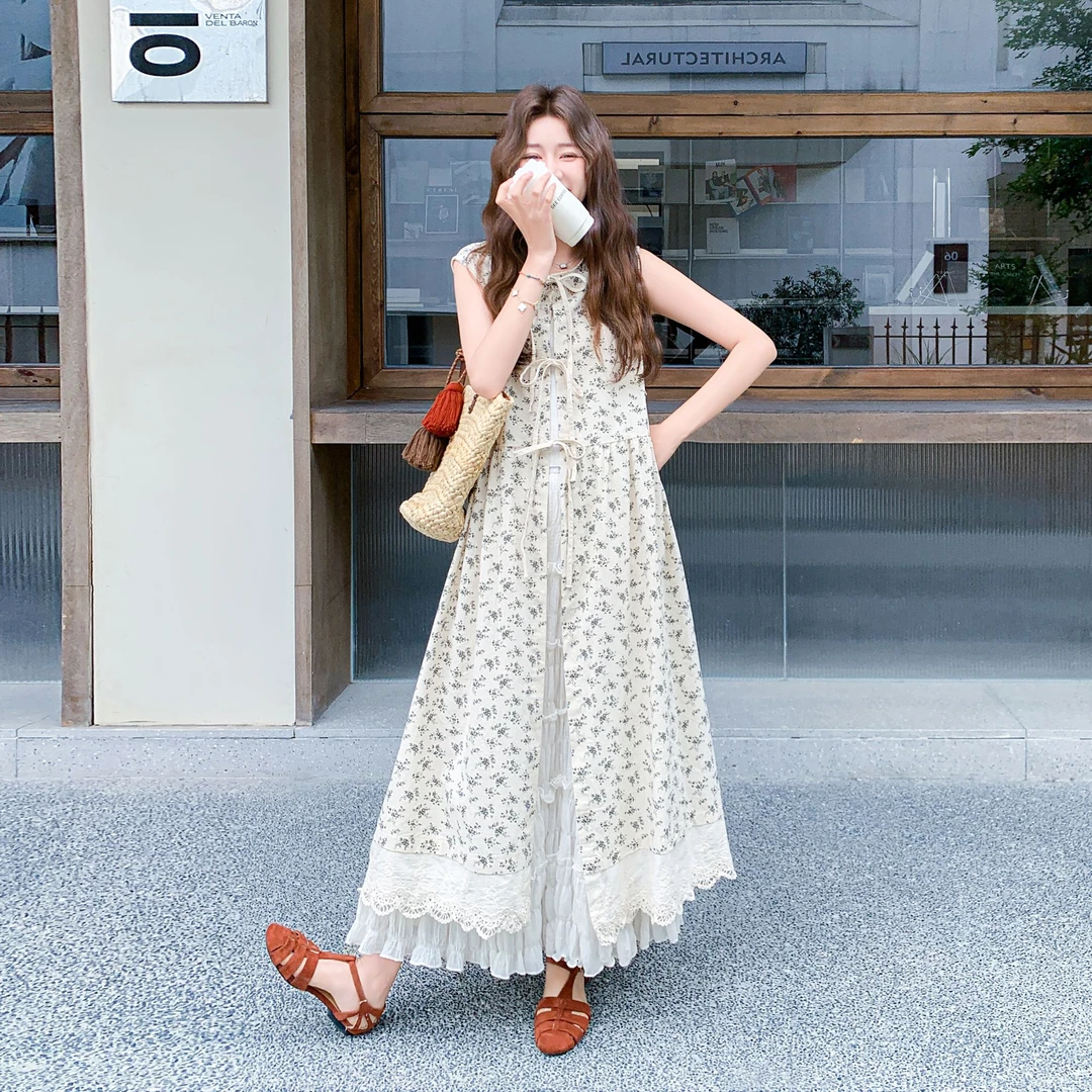 森系甜美减龄开衫长裙女2025夏季新款蕾丝拼接蝴蝶结碎花无袖外衫