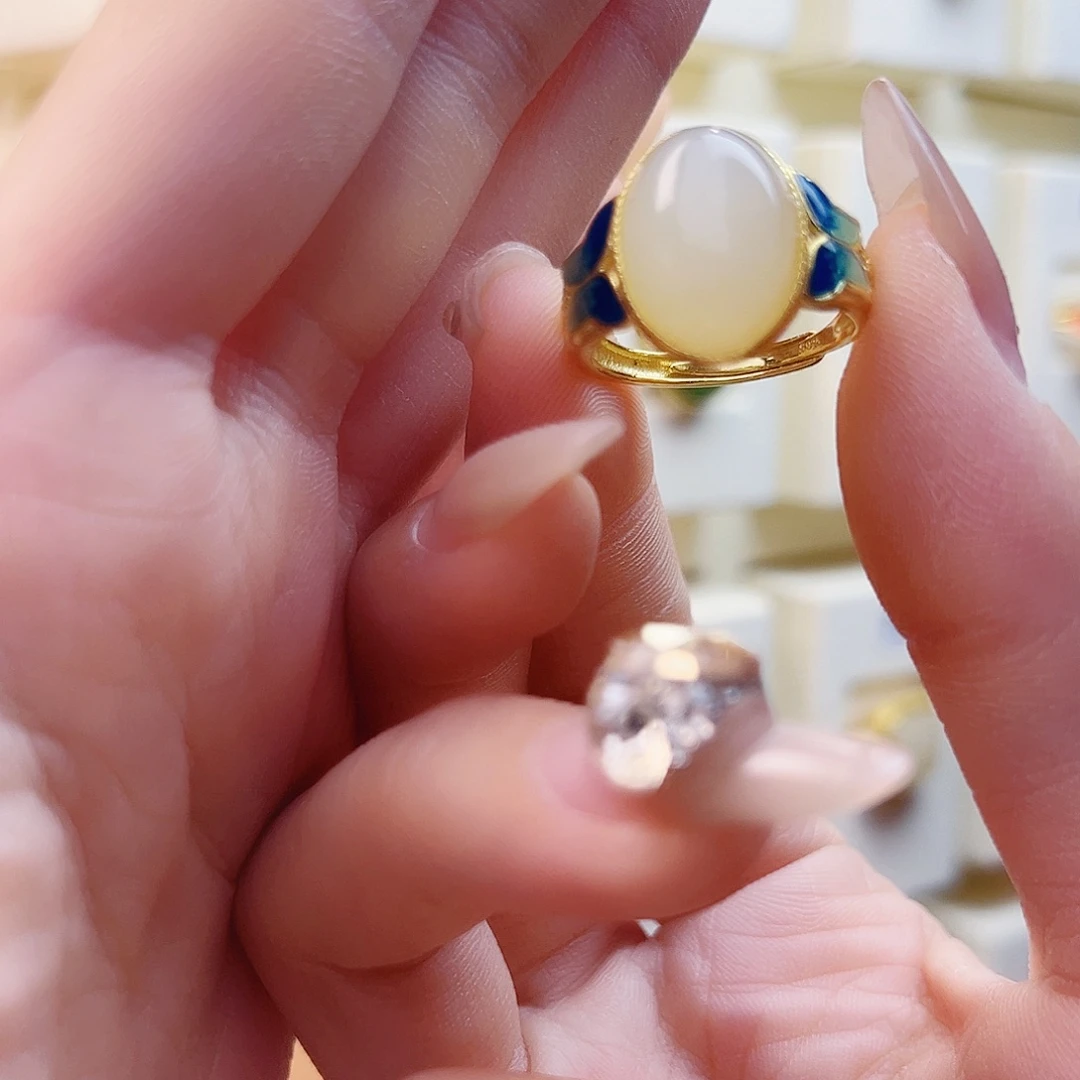 和田玉银S925镀金镶嵌戒指