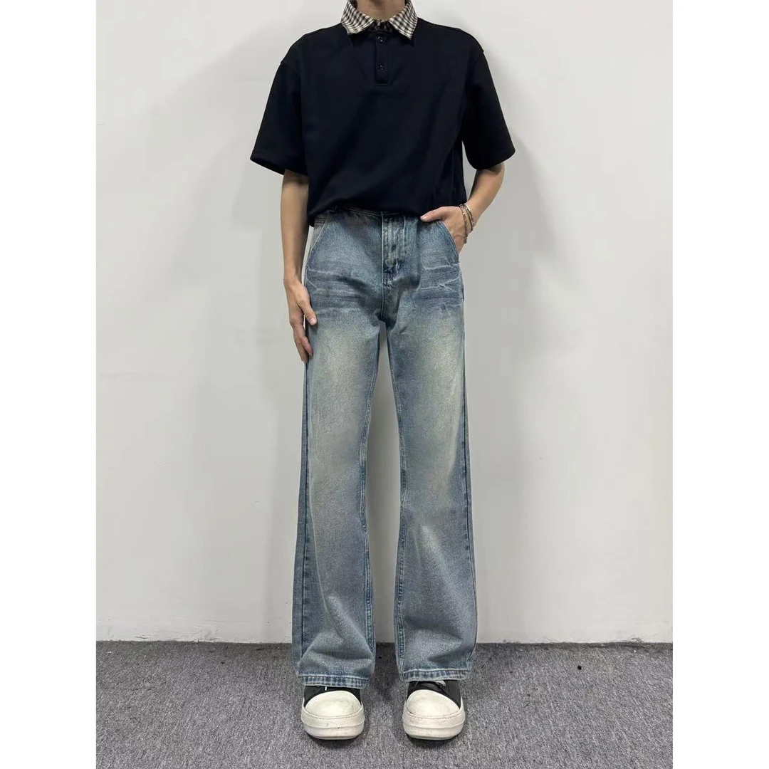 闪电痕复古水洗蓝色休闲牛仔裤男女设计微喇直筒百搭牛仔裤子