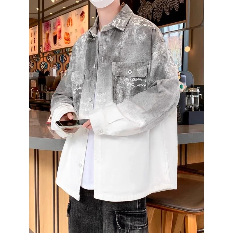 FAVMARTHA渐变色牛仔印花衬衫男长袖春秋季新款翻领夹克外套男痞