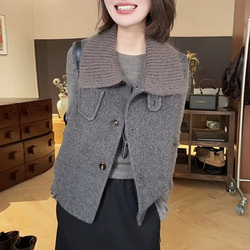 法式小香风翻领针织马甲外套女2025春秋新款叠穿显瘦无袖背心上衣