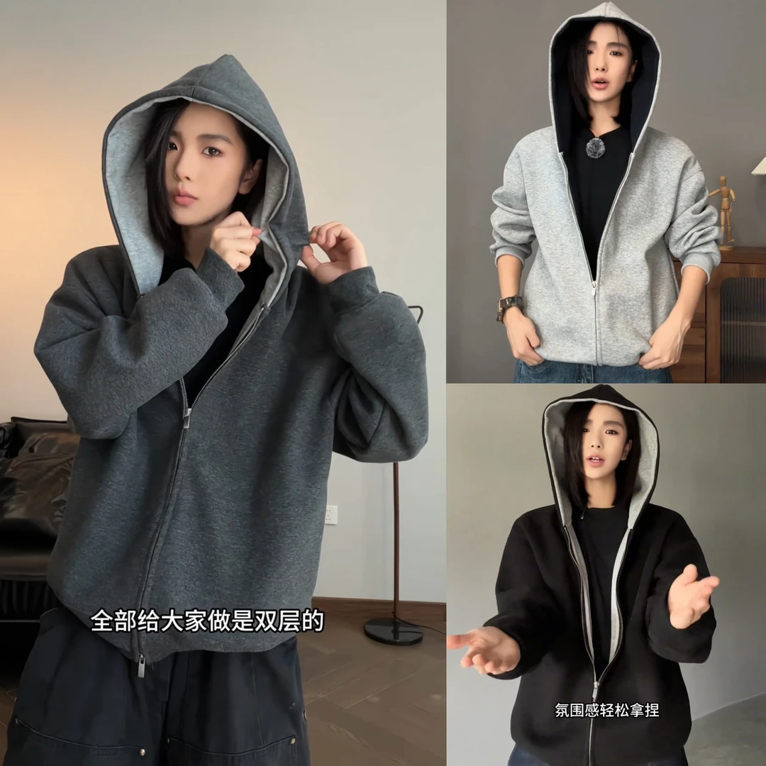 秋季新款廓形连帽净版拼色双拉链卫衣男士运动休闲宽松纯色长袖