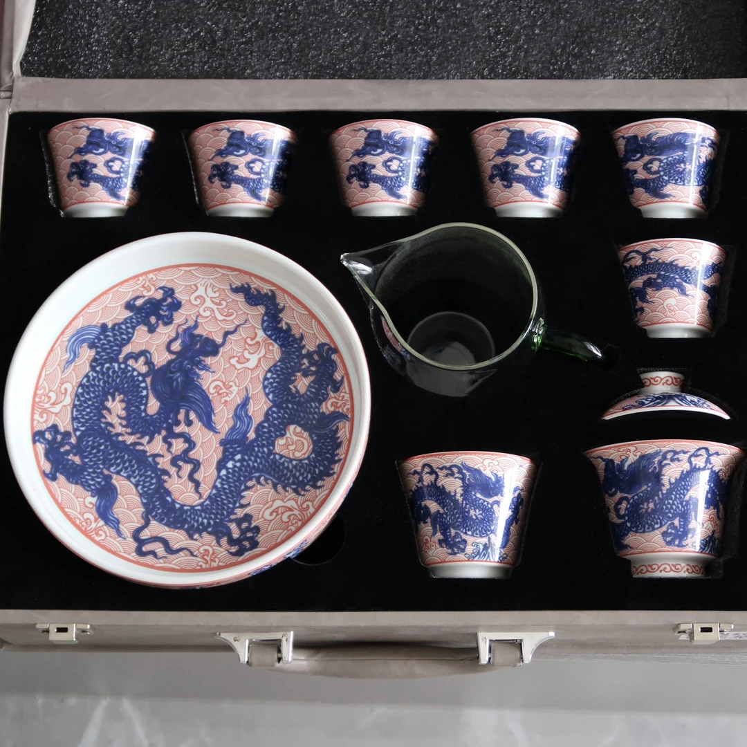 大鱼有器景德镇陶瓷青花釉下红海水龙纹功夫茶具套装高端茶具送礼