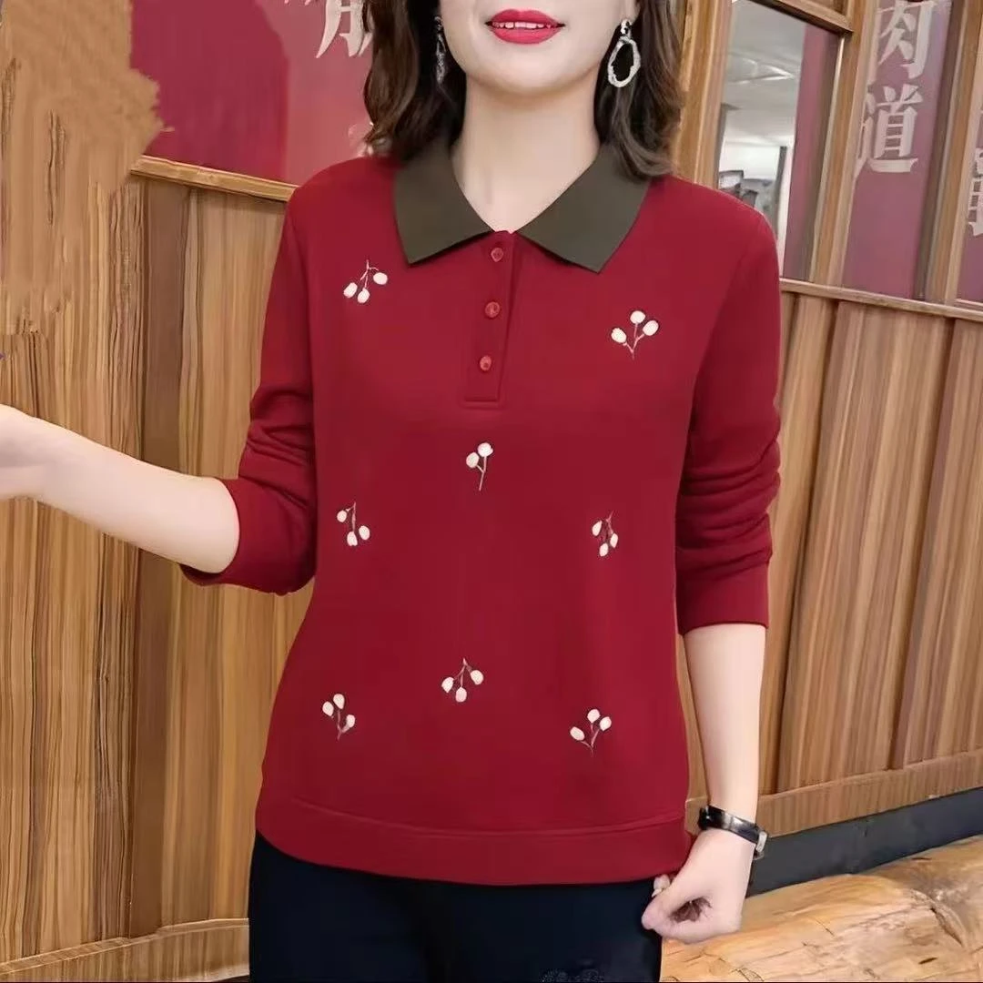春季新款女士上衣POLO领时尚刺绣小花宽松显瘦卫衣长袖洋气妈妈装