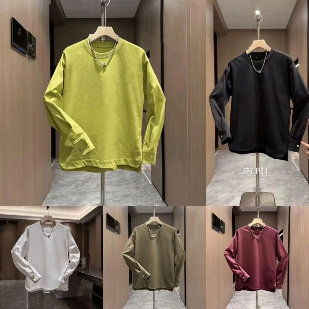 2025春季新款衬衫袖潮流圆领卫衣男士简约宽松时尚百搭上衣打底衫