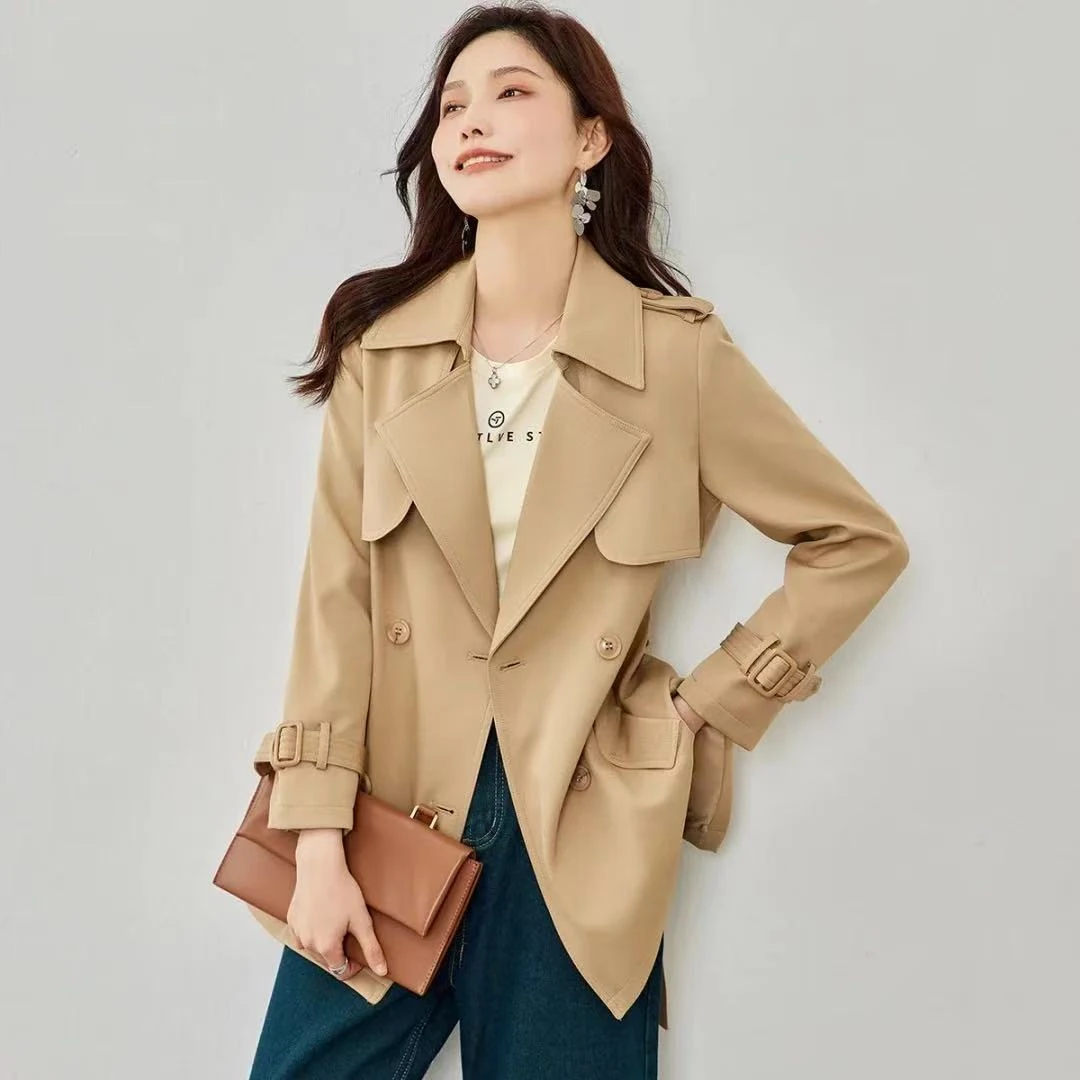 纯色修身型纽扣腰带春季收腰双排扣网红气质翻领常规风衣帅8816