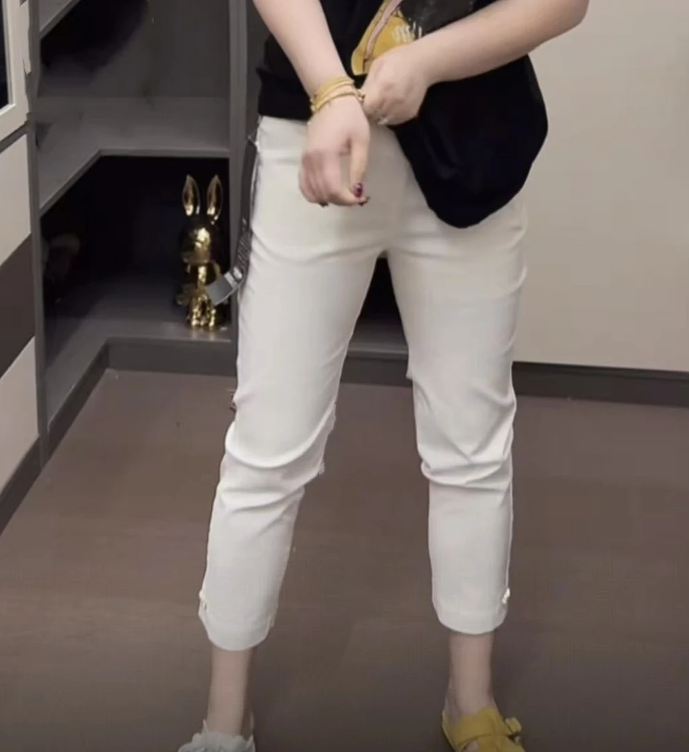 奇奇家大码夏季凉爽高腰弹力烟管裤蝴蝶速干裤修身显瘦直筒九分裤