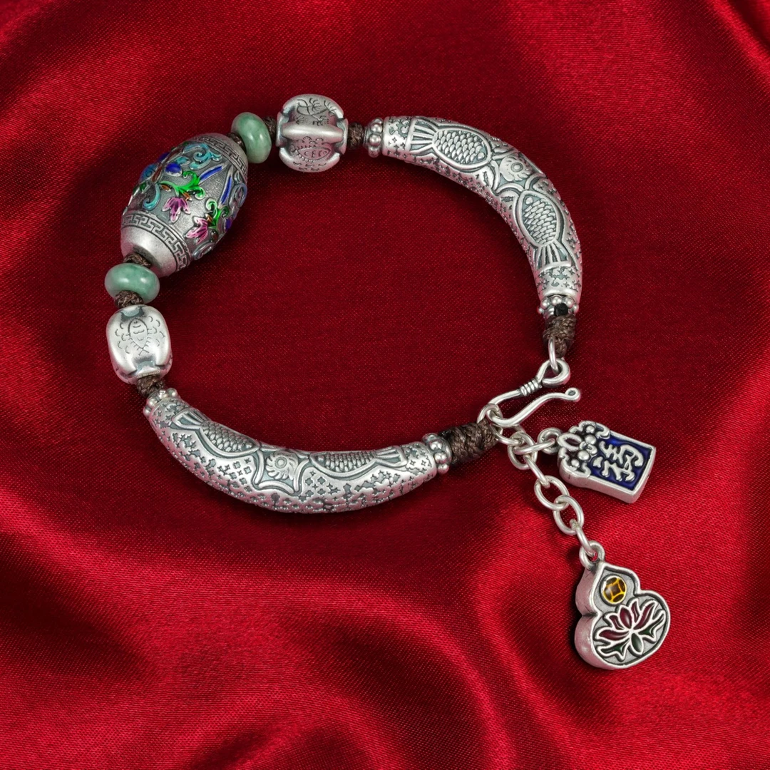 [鉴天下]珐琅彩花叶桶珠太阳花弯管福牌葫芦流苏手链06100155