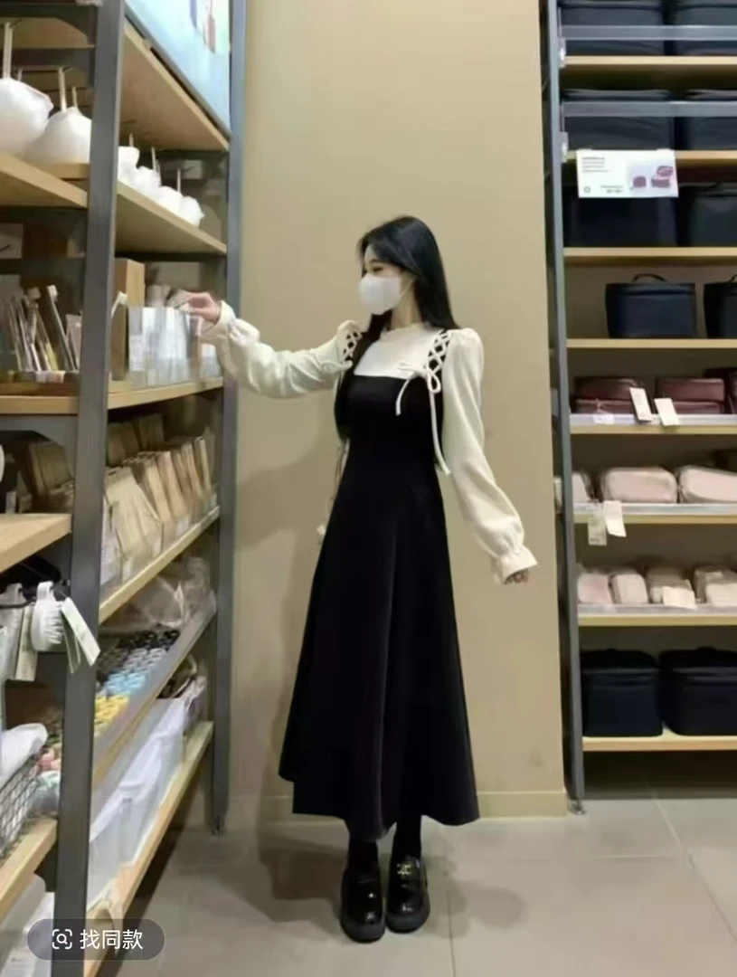 大码冬季法式复古绑带拼接假两件连衣裙遮肉显瘦洋气