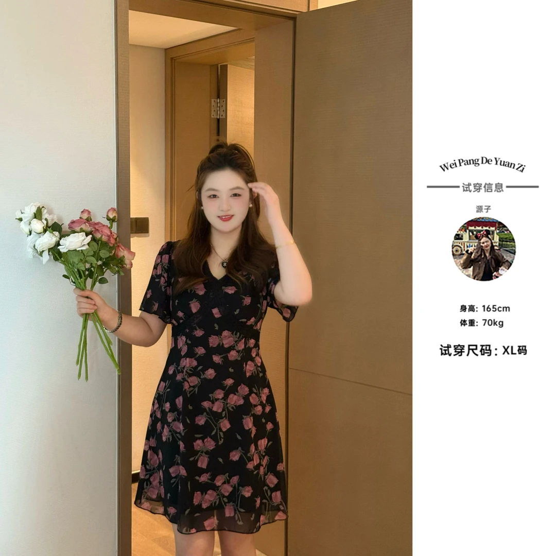 楠序【一见倾心】源子微胖女装 2025年夏装法式碎花连衣裙YZ36720