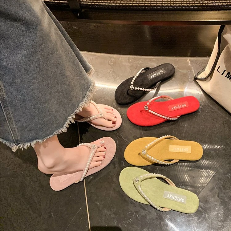 夏季新款休闲度假夹趾人字拖鞋平底时尚百搭露趾珍珠外穿女拖鞋潮