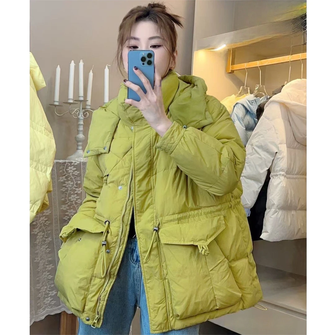 YB2  700芥末绿女士拉链休闲百搭帽女羽绒服