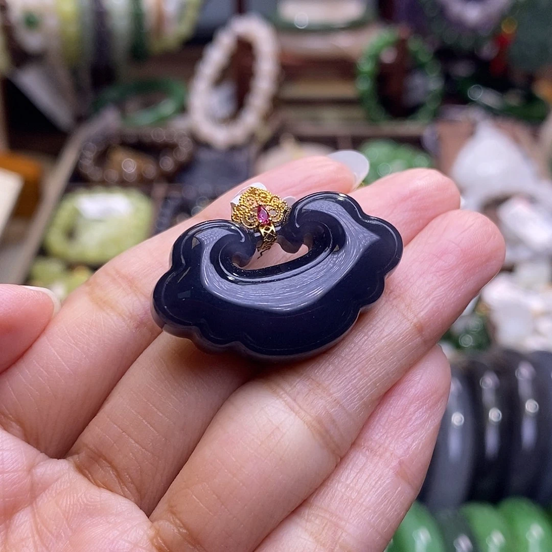 未镶嵌手镯和田玉老矿料浓烟紫金镶如意锁