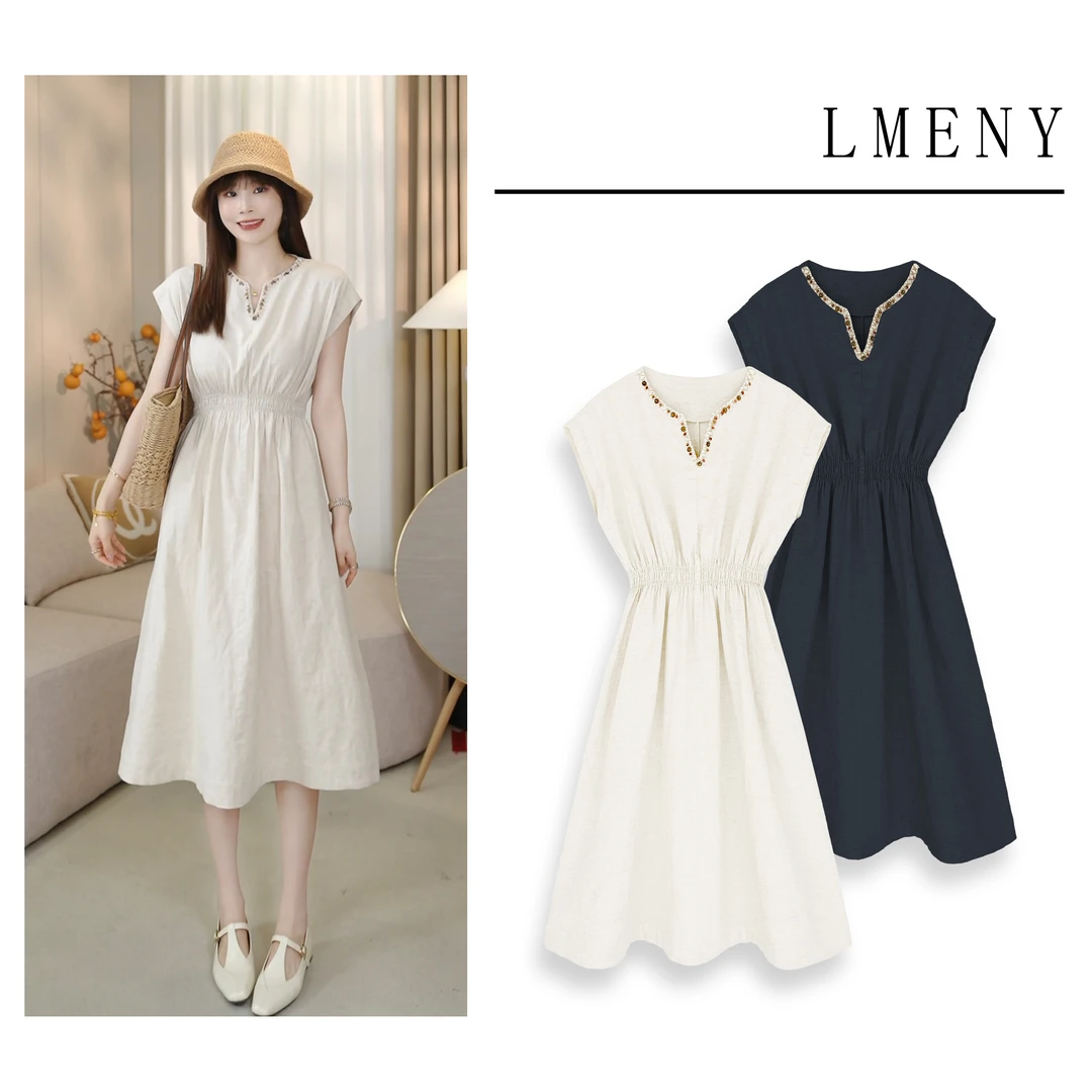 LMENY棉麻时光～V领收腰显瘦棉麻连衣裙25BQ008