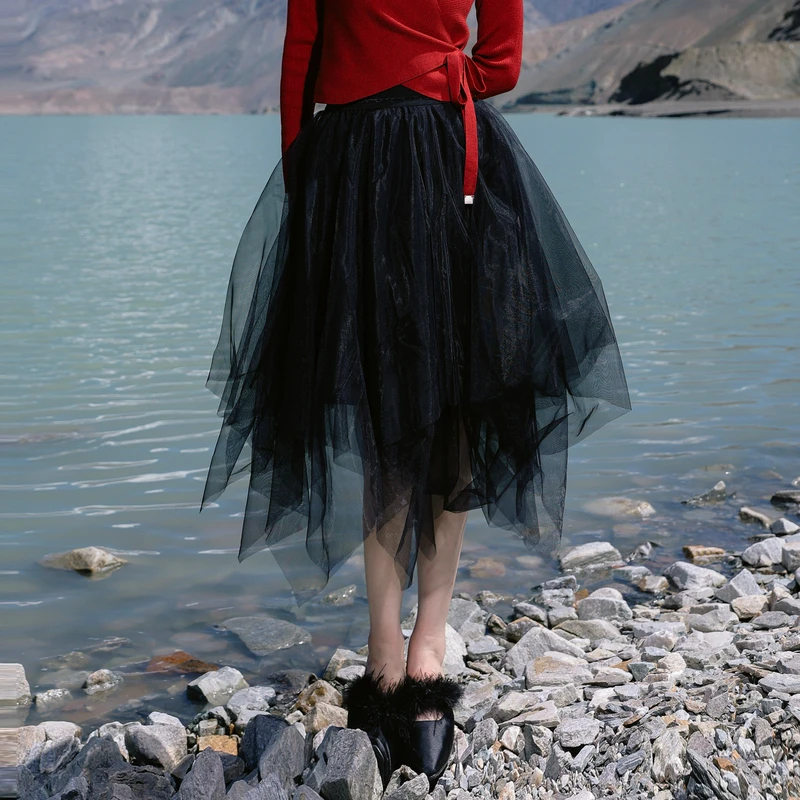 婉甸2025春季新品黑色网纱长裙瑞丽风半身裙1241K08DY1