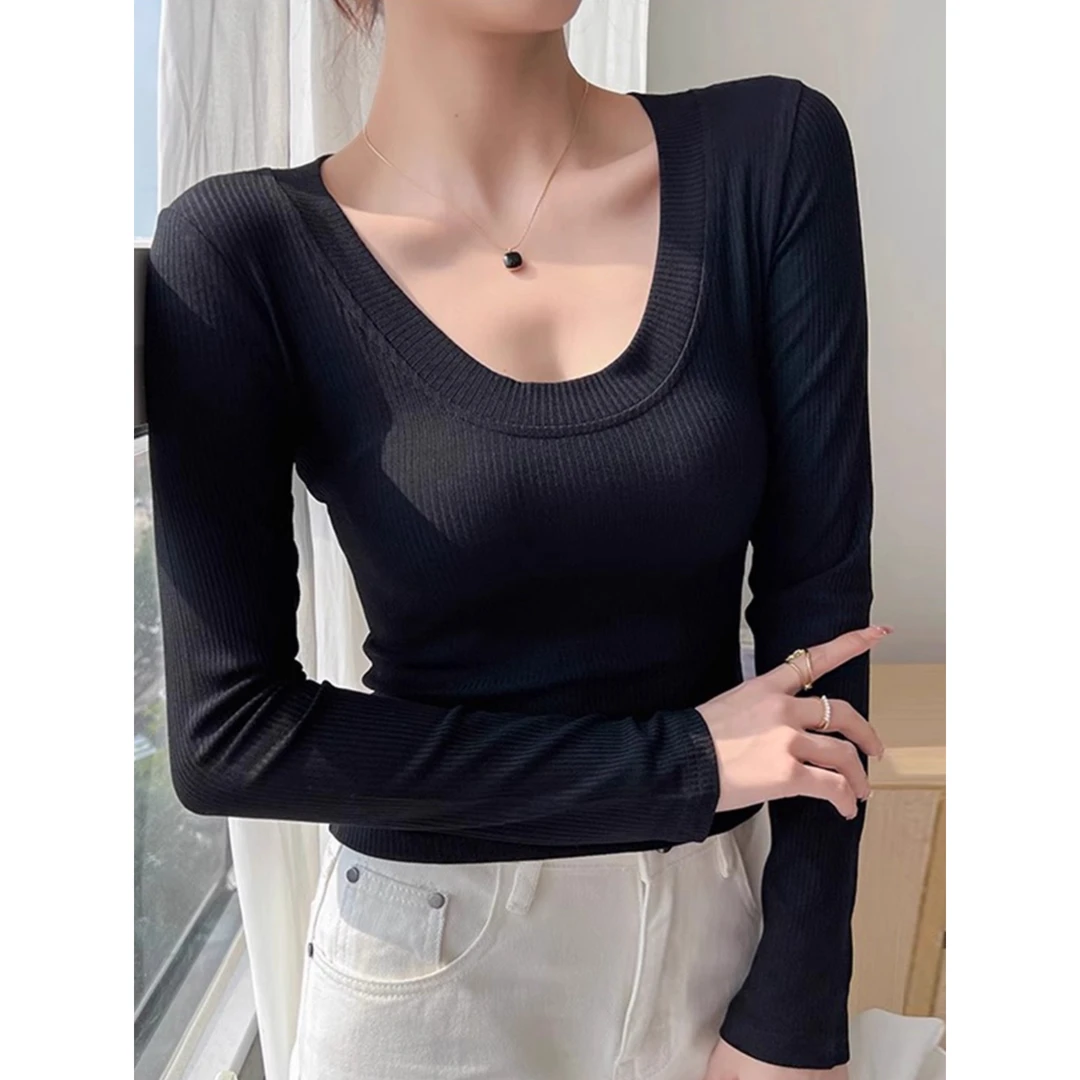 黑色打底衫女内搭早秋高级感长袖t恤外穿u领正肩上衣紧身2025新款