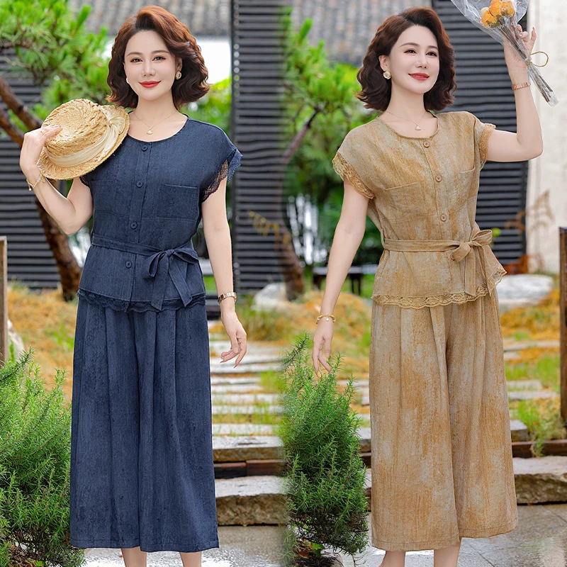 妈妈夏装2025新款套装中老年人女装短袖夏季衣服时尚上衣T恤洋气