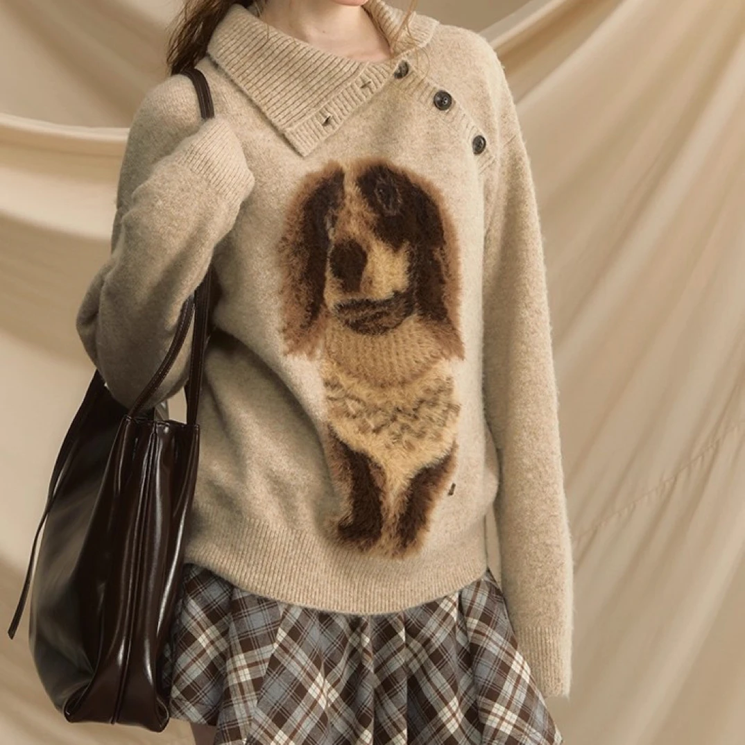 【萌犬暖绒】法式圆领小狗针织衫秋季新款百搭修身宽松上衣 J2772