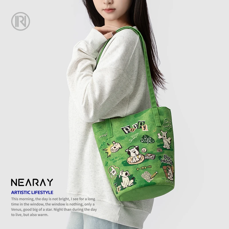 季新款绿色单肩包可爱包包女大容量帆布包通勤水桶包Q205