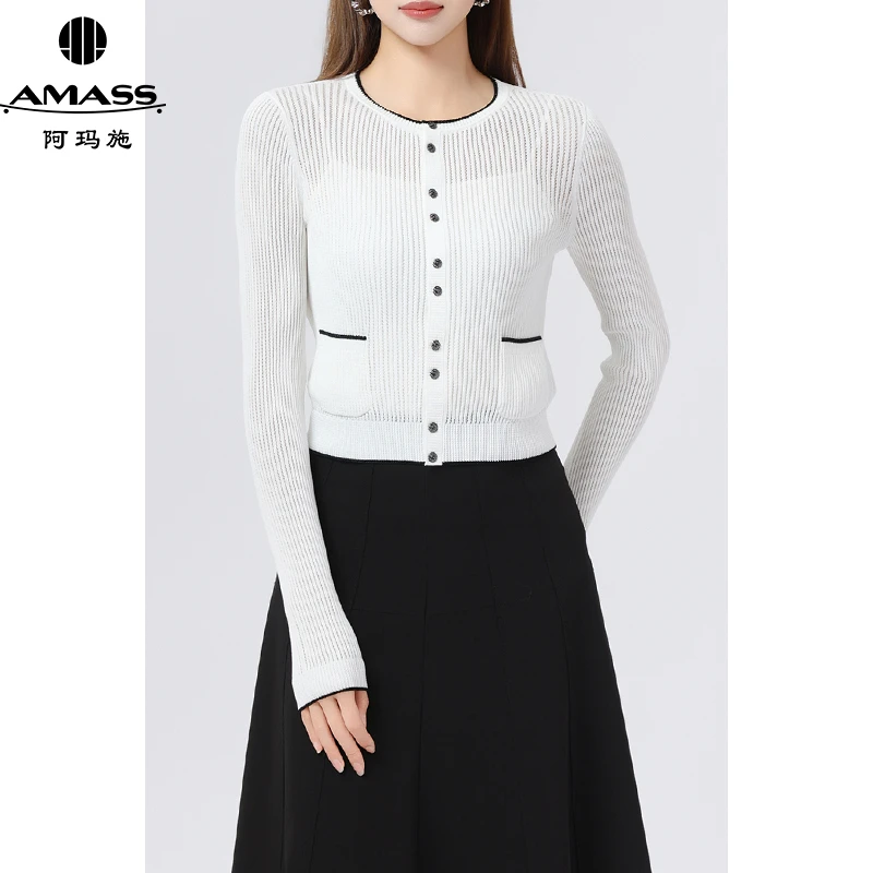 AMASS/阿玛施早春新款休闲气质优雅上衣舒适针织圆领开衫女548021